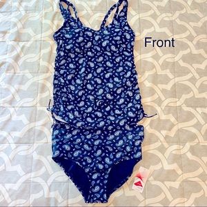 Women's Land’s End Tankini Set Deep Sea Navy Paisley Notch-Long Top. NWT